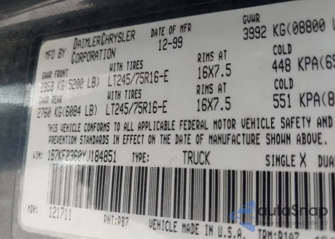 2000 Dodge Ram 2500 St из США, поврежденный, VIN 1B7KF2360YJ184851